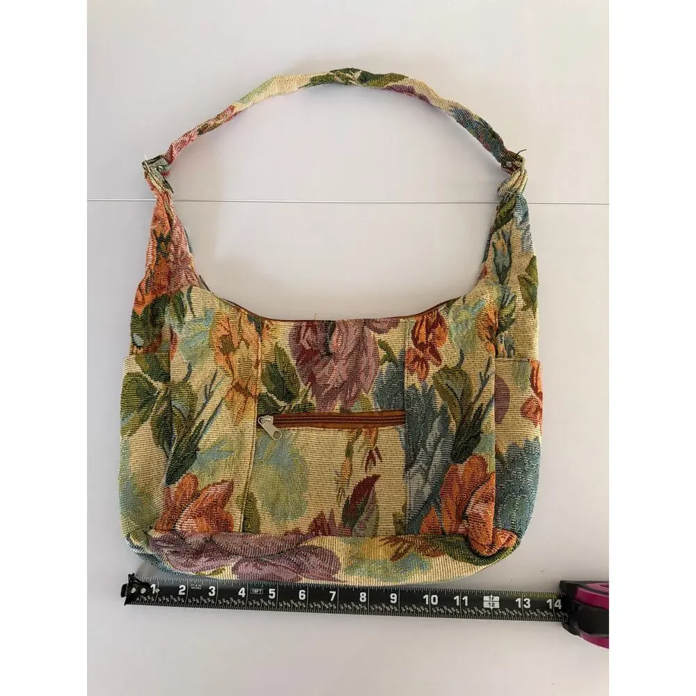 Vintage Floral Tapestry Hobo Shoulder Bag Crescent Purse Cottagecore Grandmacore